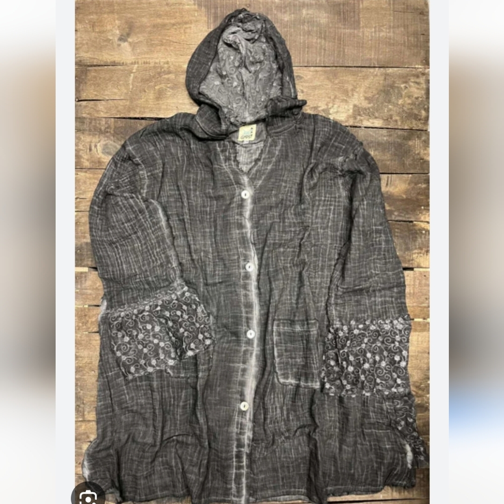 Jaded Gypsy Elysia Weekend  Button-Front Gauze & Lace Shacket in Mineral Black